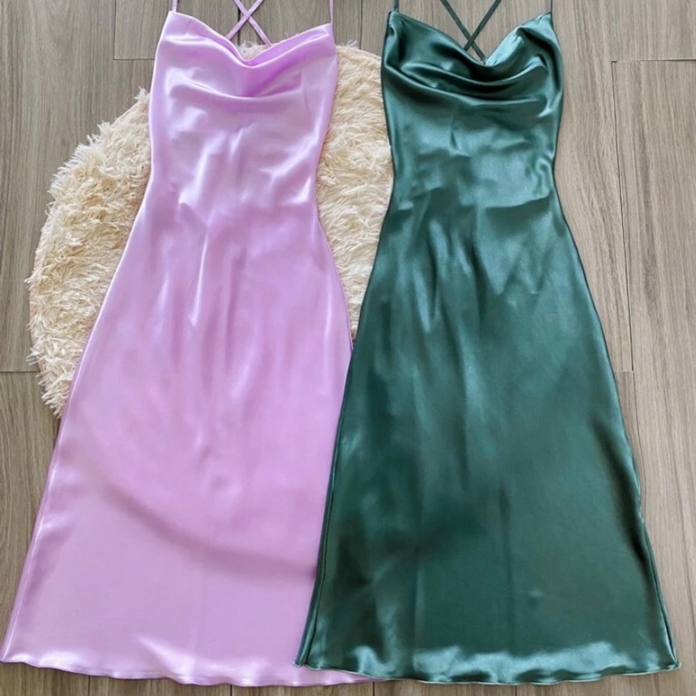 Satin Draped Collar Cami Midi Dress